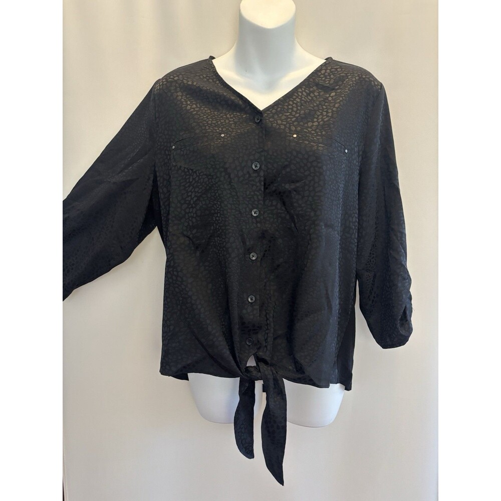 Chico's black animal-print jacquard button-down blouse 3/4 Sleeve Front Tie SZ 1